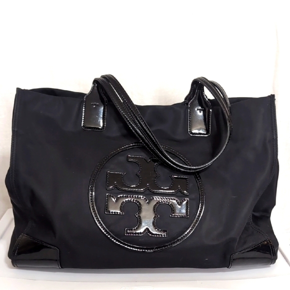 Tory Burch Handbags - Tory Burch Ella Tote Black Nylon with Large Patent Leather Logo on Front